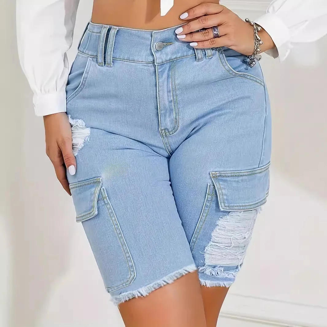 

Solid-colored Streetwear Fashion and Versatile Slim-fit Denim Shorts, Women's Summer New Pocket Design Fringed Mid-length Jeans