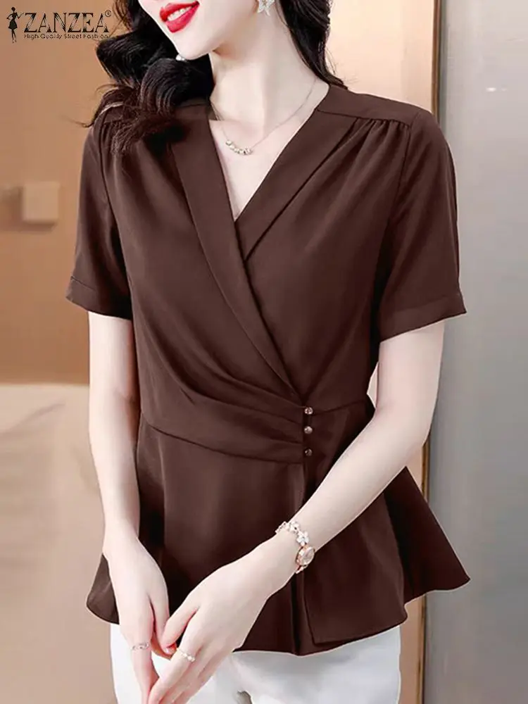 ZANZEA Women Short Sleeve Blouse Elegant Buttons Stitching Peplum Tops Office Lady V Neck Tops Casual Waisted Solid A Line Shirt