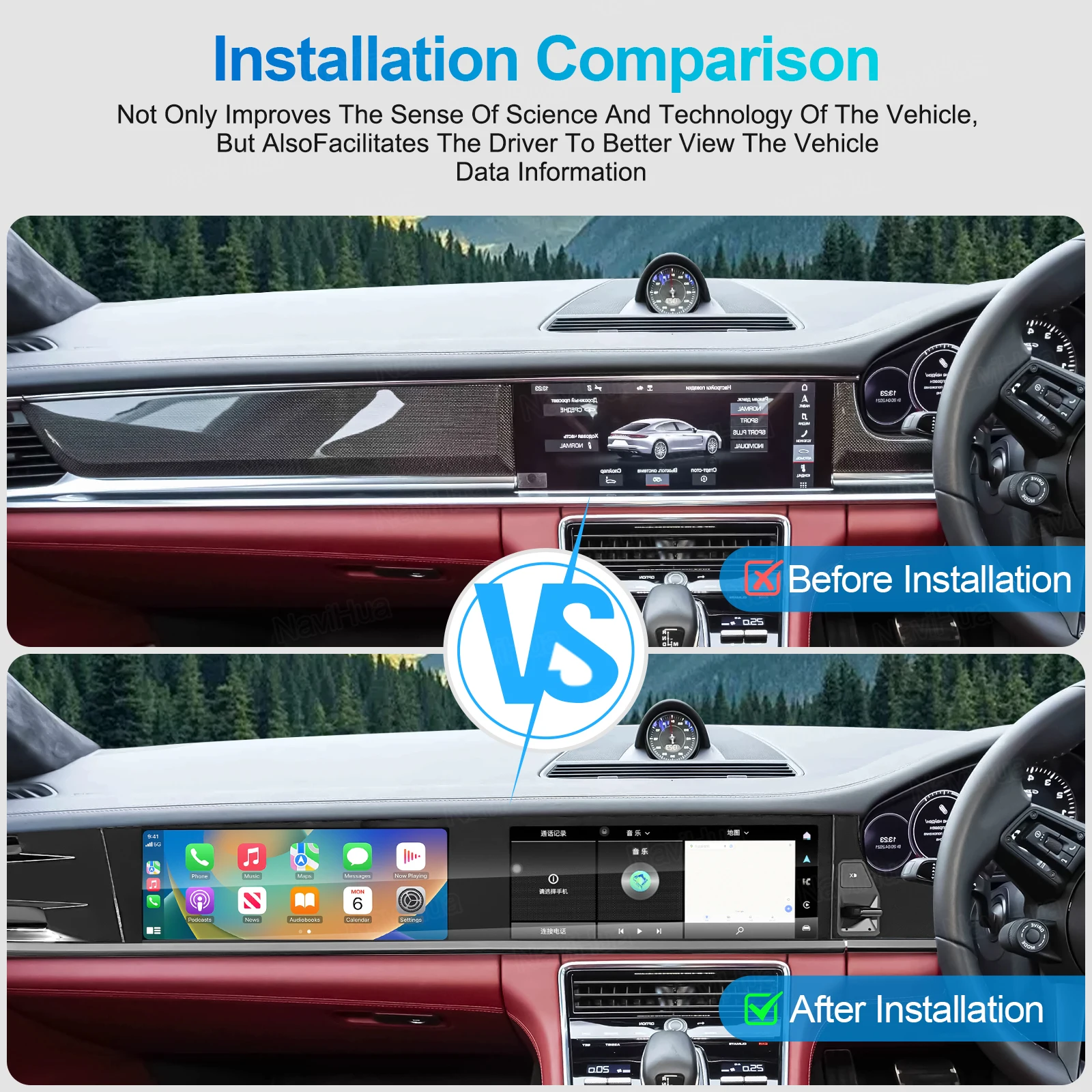 Layar Multimedia Hiburan Co-pilot Layar Ganda Stereo Android Navihua untuk Mobil Porsche Panamera 2018-2023 RHD Carplay Player