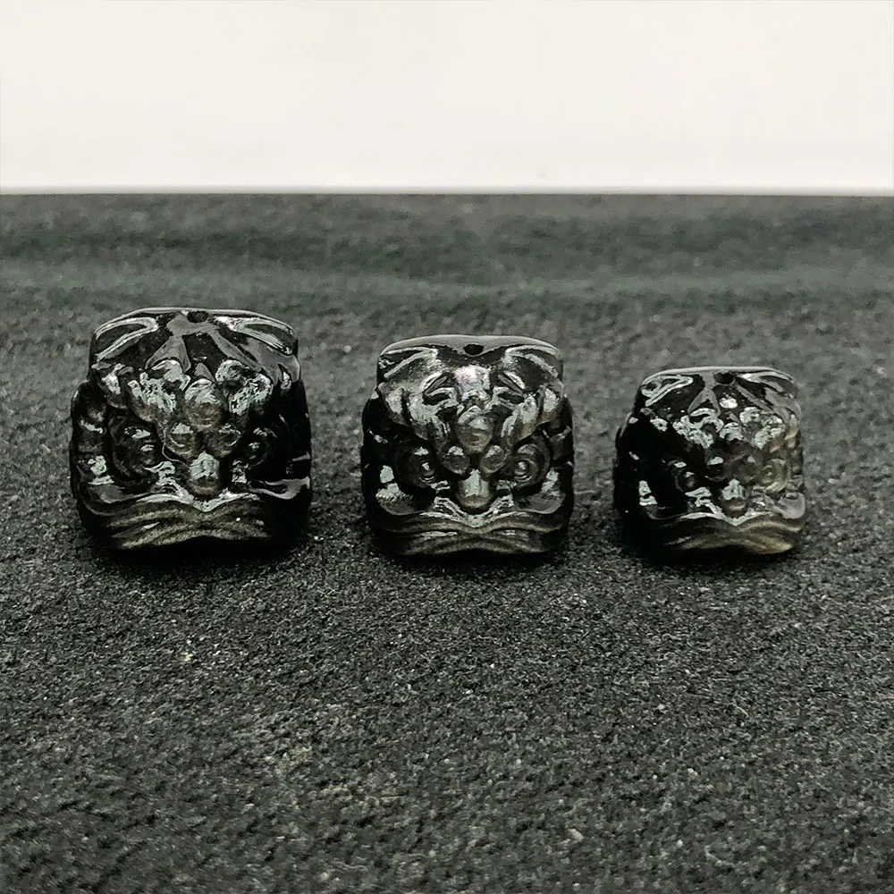 3pcs/Lot Natural Stones Silver Obsidian Lion Dance Head Mini Carvings Crystals Crystal Stone Home