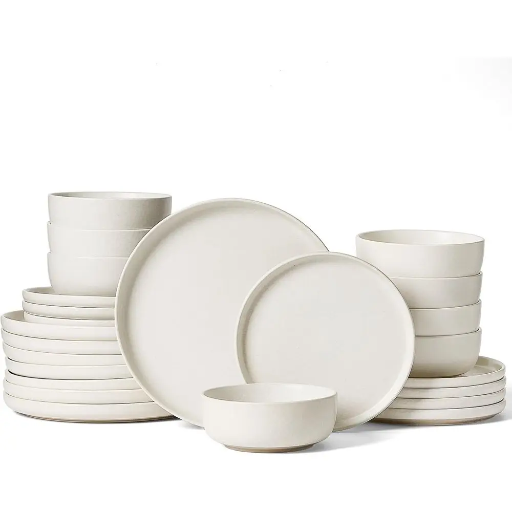 Juegos de Platos y Tazones Milkyway, Juego de Vajilla de 24 Piezas, Juego de Platos con Esmalte Reactivo, Juego de Platos de Gres para 8 Personas, Beige Mate Blanco