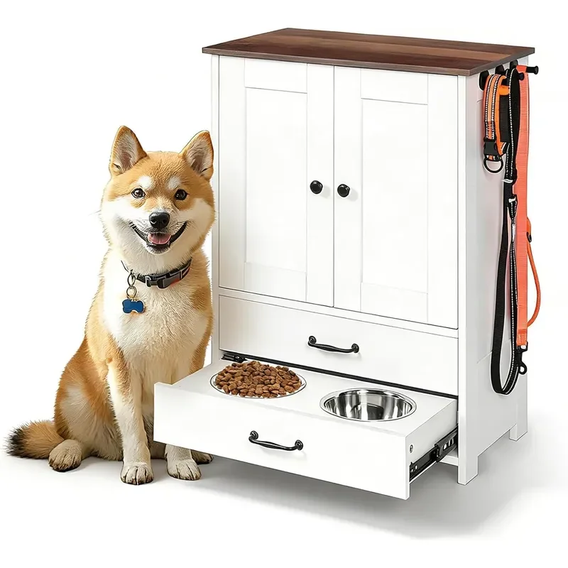Wooden Dog Feeding Station Cabinet with Pull-Out Feeder Drawer 2 Stainless Steel Bowls Large Storage Cabinet and 3 Leash