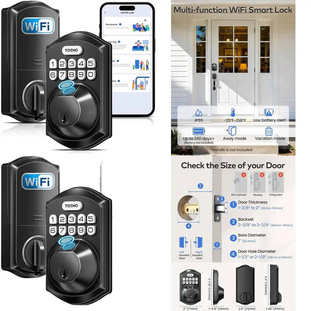 

Умный дверной замок с Wi-Fi, кодовой панелью, смарт-замком, управлением через приложение, совместимостью с Alexa, водонепроницаемый, для входной двери - матовый