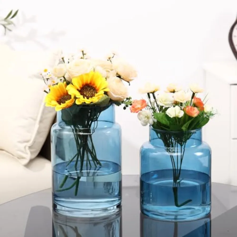 

Large Glass Vase, Blue Glass Vase Set of 2, Large Flower Vases for Bouquet, Tall Wide Mouth Vases for Flowers, Home, Wedding, L