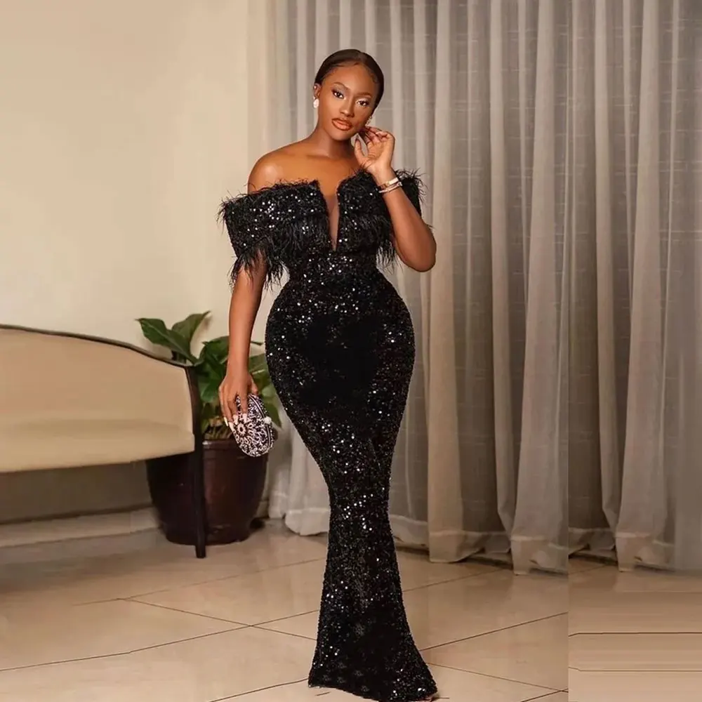 Sexy Black Sequin Evening Dress Feather Off Shoulder Prom Gowns Deep V-chest Mermaid Party Dress Floor Length Formal Gala Robe