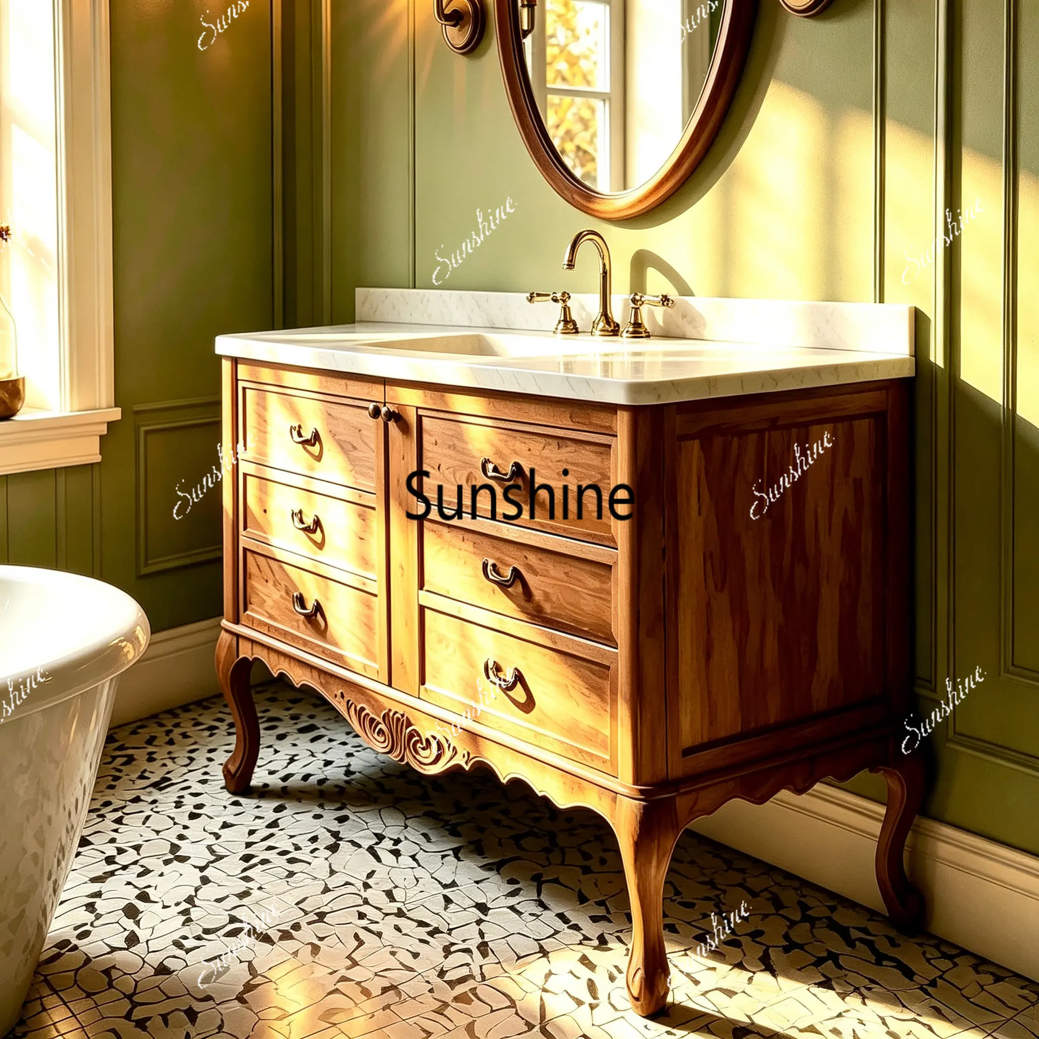 French retro solid wood bathroom cabinet countertop sink wash combination