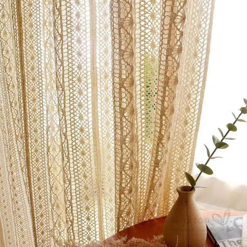 Cotton Hollow Design Curtains Road Pocket Shade Curtain Tassel for Kitchen Bedroom Living Room Bay Window Cabinet Curtain