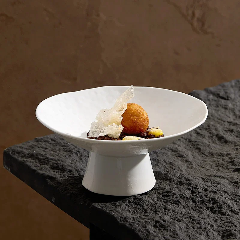 White 9 Inch Ceramic Fruit Plate,Porcelain High-foot Snack Dessert Dish,Kitchen Tableware,Specialty Plates,Dihswasher Safe