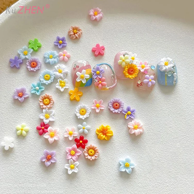 50 قطعة زهرة ملونة مسمار الملحقات ديزي خمسة البتلة زهرة الراتنج مسمار الحفر ثلاثية الأبعاد الزهور المختلطة مجوهرات أظافر المواد الزخرفية #2