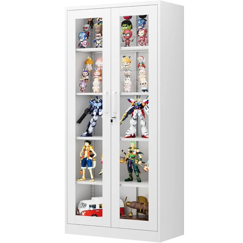 Display Cabinet with Glass Doors, 71IN Metal Curio Cabinets with 4 Adjustable Shelves, Locking Glass Cabinet, Customized