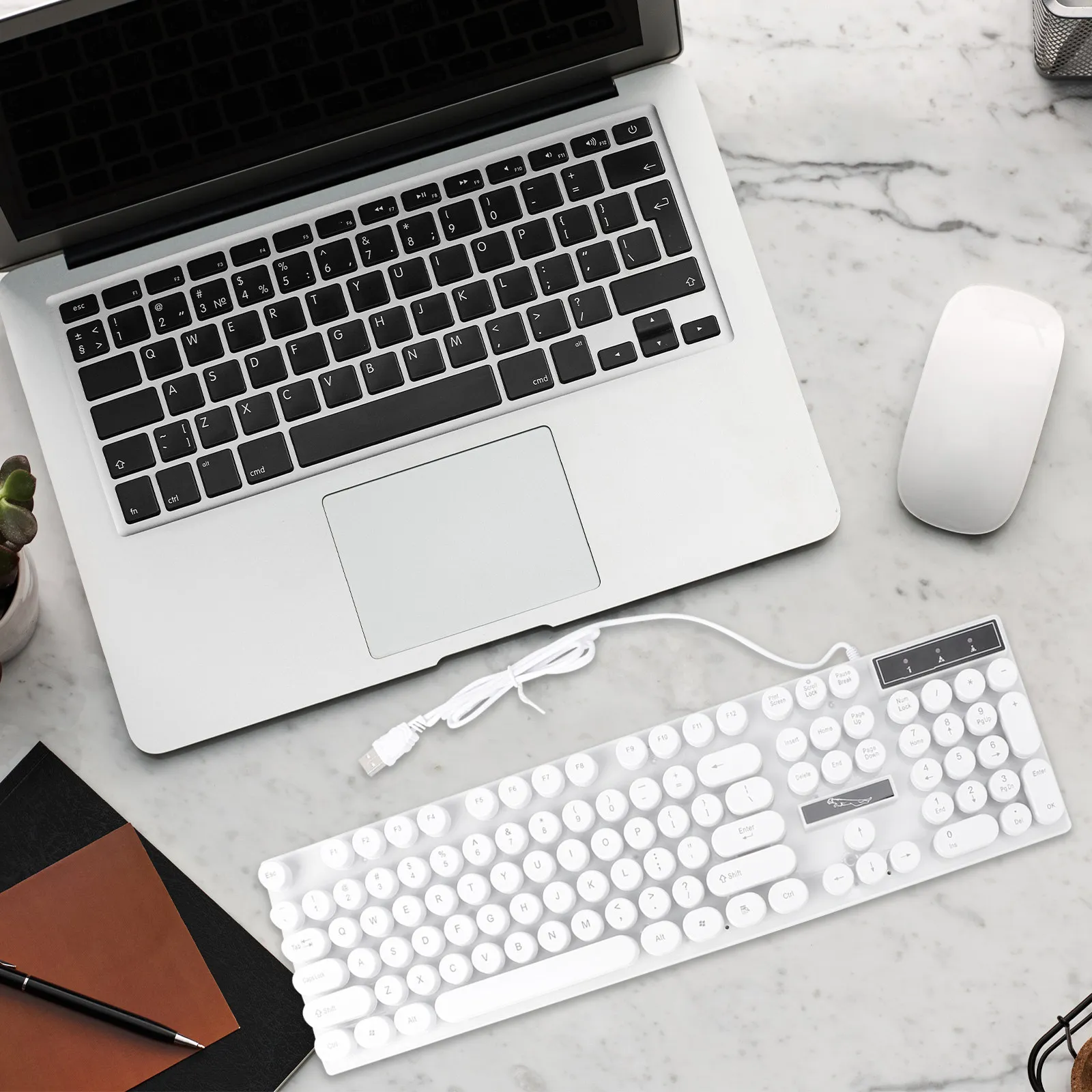 USB Glowing Computer Keyboard White Creative Round Keys Comfortable Touch Portable Keyboard Mouse for Computer Phone Tablet