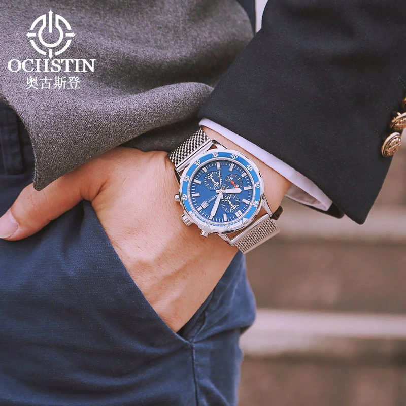 OCHSTIN Male Watch Analog Quartz Stainless Steel Mesh Band Luminous Waterproof Military Sports Original Wristwatch Gifts for Men