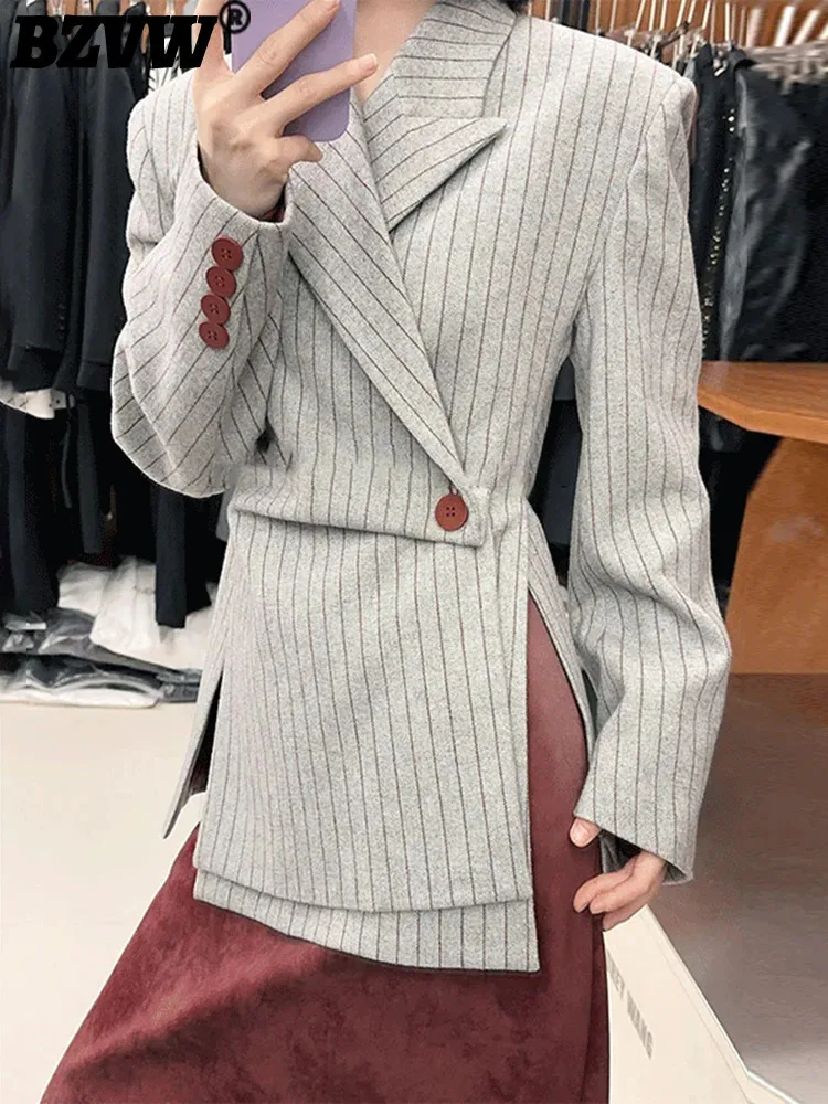 BZVW Striped Block Color Irregular Blazer Women's Notched Long Sleeves Single Button Gathered Waist Side Split Coats 25Z1720