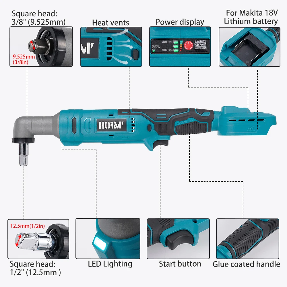 Hormy 18V Brushless Ratchet Wrench168N. m Cordless Right Angle Wrench 3/8 \