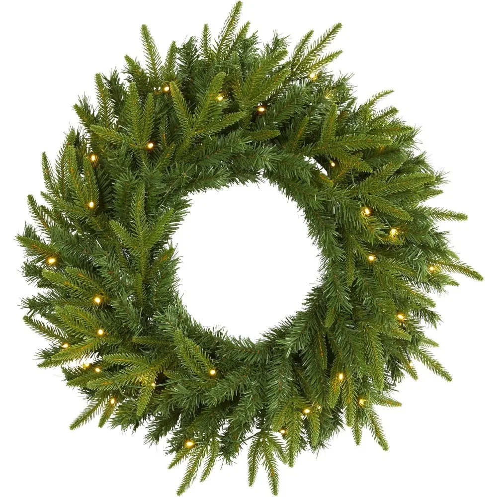 

Рождественский венок из искусственной сосны 24 дюйма — предварительно освещенный с 35 прозрачными светодиодными фонарями для праздничного декора дверей и стен
