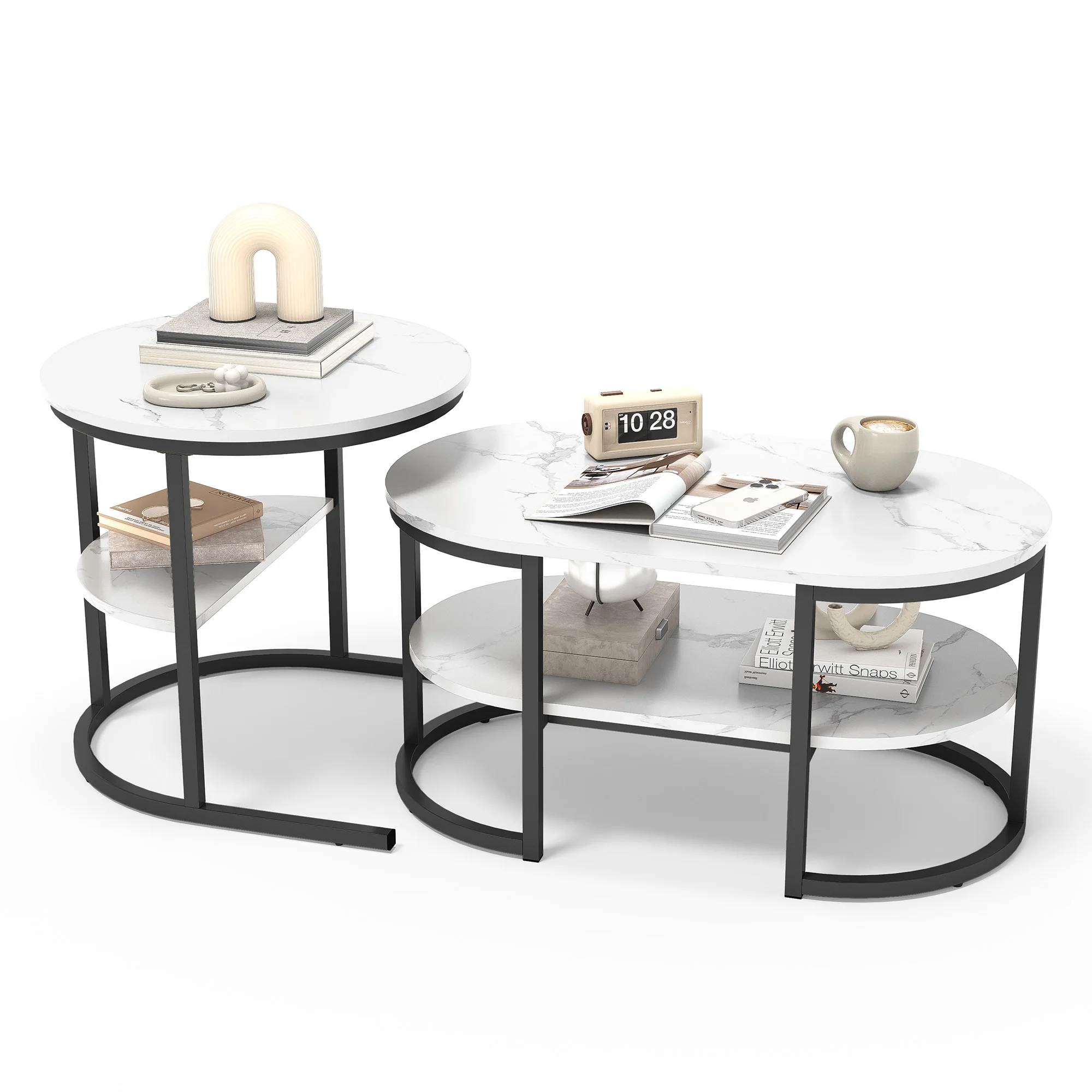 2-delige set salontafel, 2-in-1 woonkamertafel met opbergruimte, moderne banktafel, rond en rechthoekig in marmerlook