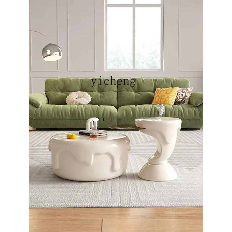 CJ-12 Round Ice Cream Coffee Table Small Apartment Living Room Cream Wind Tea Table Retractable