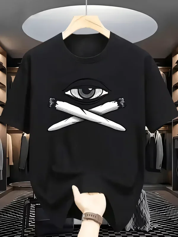 Black Short Sleeve Graphic Tee: Realistic Human Eye with Crossed Rolled Cigarettes/Joints Print Men's Fashion Streetwear T-Shirt