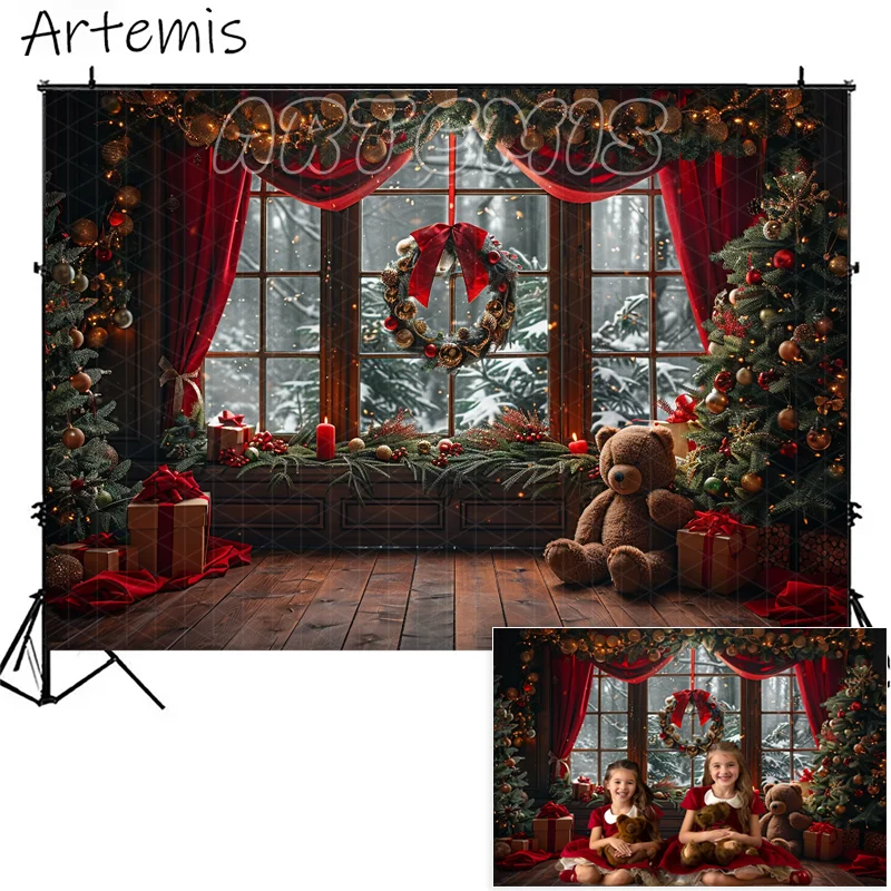 Christmas Photography Backdrops Winter Window Red Curtains Gift Baby Kids Family Portrait Decorative Background Photocall Props