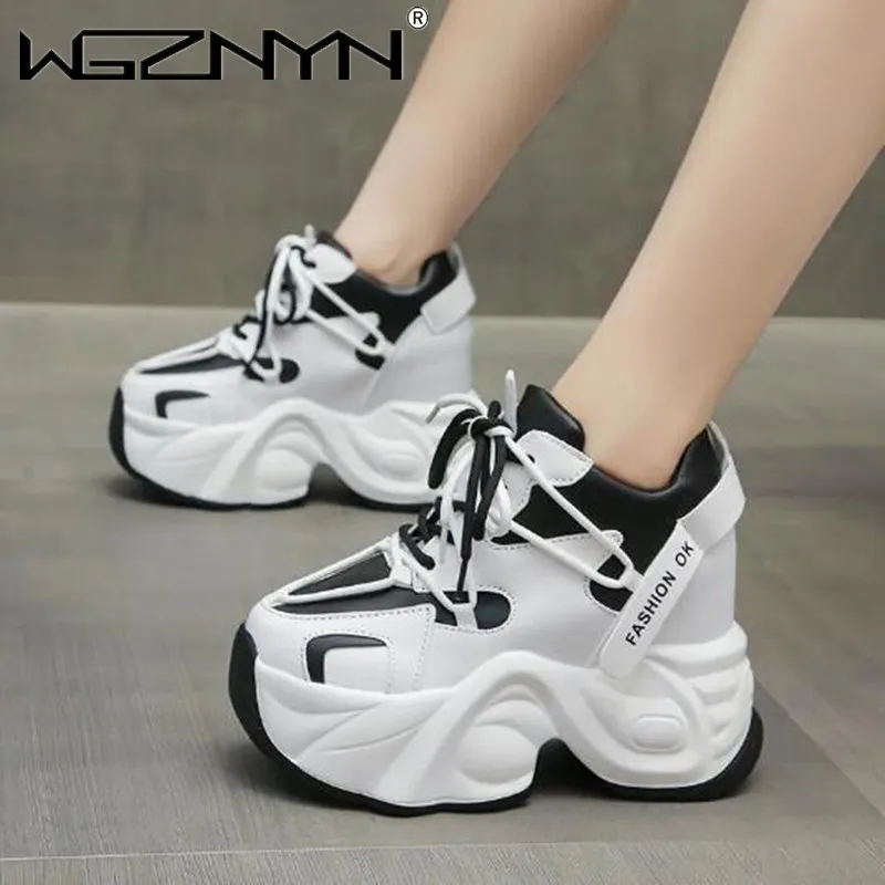 Women High Platform Casual Leather Shoes 2024 New Autumn Lace-up Chunky Sneakers 9CM Wedges Hidden Heels Leisure Shoes Woman