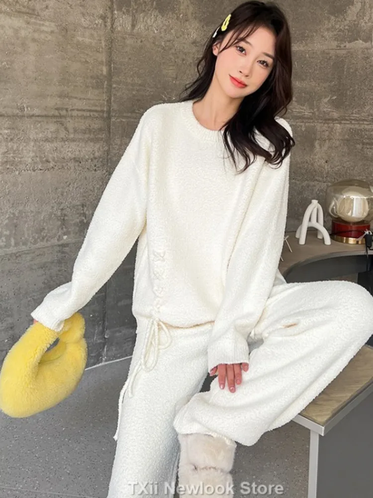 Autumn Winter Wearing Soft Home Clothes suit Distinctive Rope Pullover Skin-friendly Half-side Velvet Pullover Thickened Pajamas