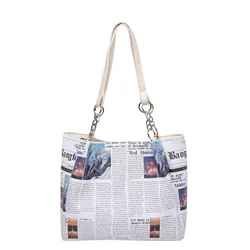 Fashion Women Newspaper Letter Printing PU Leather Shoulder Underarm Bag Casual Ladies Big Purse Buckle Handbag Messenger Bags