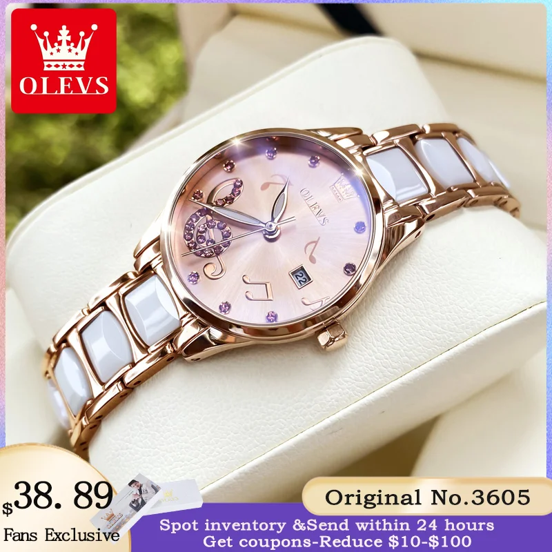 OLEVS 3605 Women's Watch Luxury Ceramic Rose Gold Waterproof Strap Brand Quartz Women's Watch Original Fashion Bracelet Set