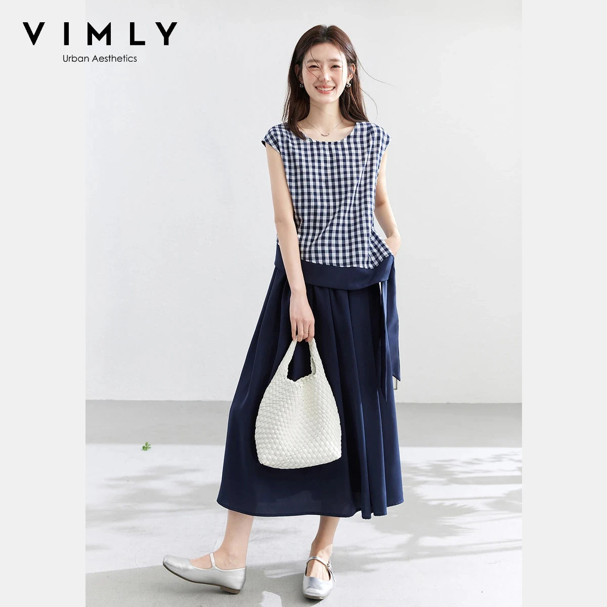 

VIMLY Women's Vintage Two-Piece Set 2026 Summer Crew Neck Plaid Sleeveless Tie T-shirt Pleated A-Line Skirt Casual Outfit 30795