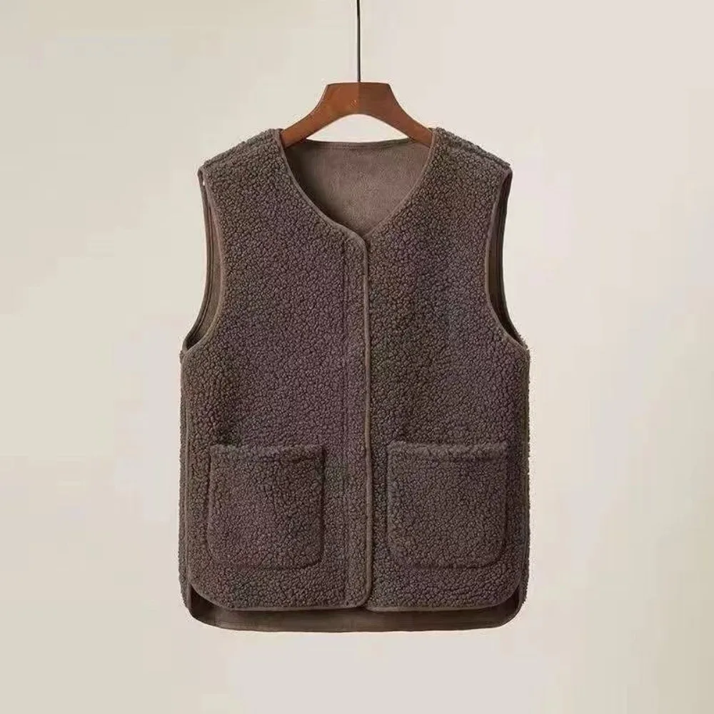 

Simple Lamb Hair Winter Fleece Vests Warm Thick Thermal Waistcoat Solid Color Short Type Sleeveless Jacket Women