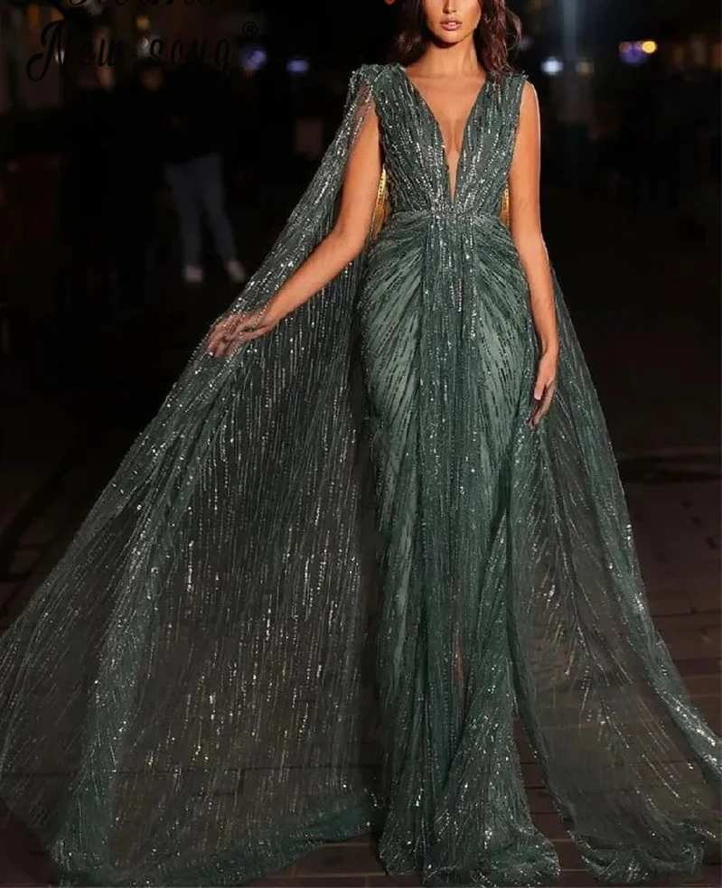 Vestido de noite com decote em V profundo para mulheres, Dubai, vestidos de festa de casamento com contas plus size, verde escuro, moda