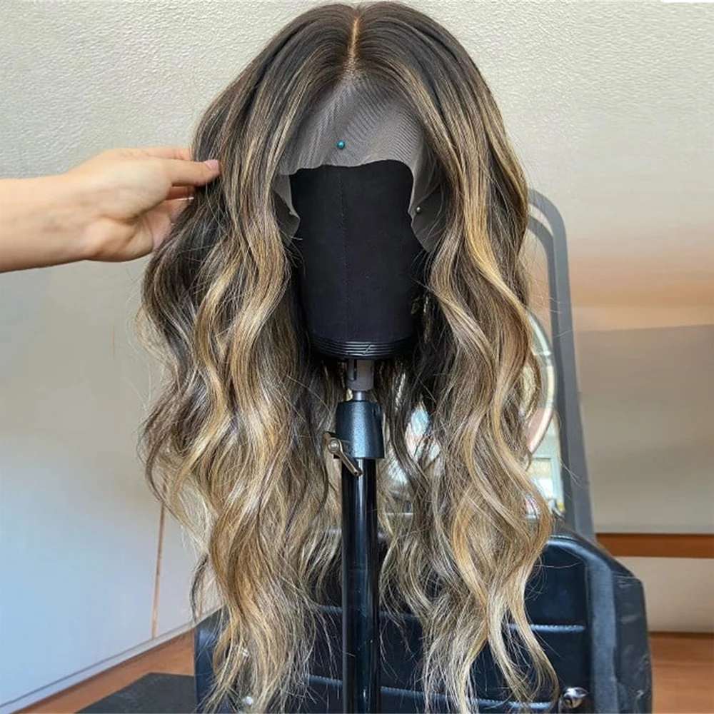 Brunette Balayage Blend Wigs 5% Human Hair Lace Front Wig Natural Look Long Hair Wigs for Women Dark Brown Hair 24 Inches