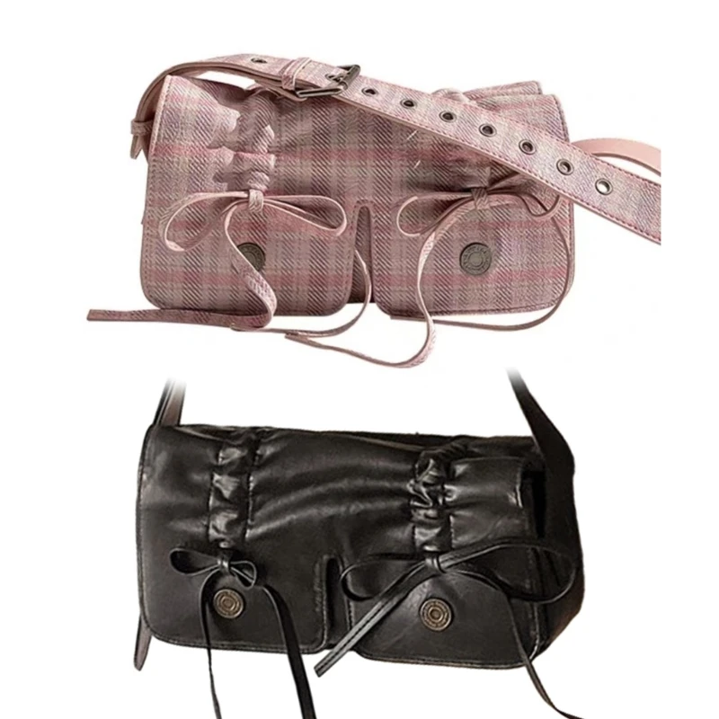 

PU Leather Vintage Checkered Armpit Bag Women Aesthetic Pleated Sweet Bowknot Underarm Bag Crossbody Shoulder Handbag