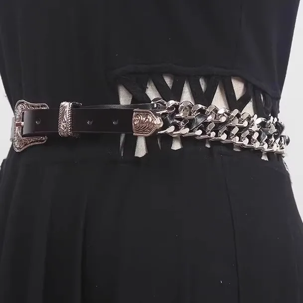 Women's Fashion Genuine Leather Metal Chain Cummerbunds Female Dress Corsets Waistband Belts Decoration Wide Belt R1481