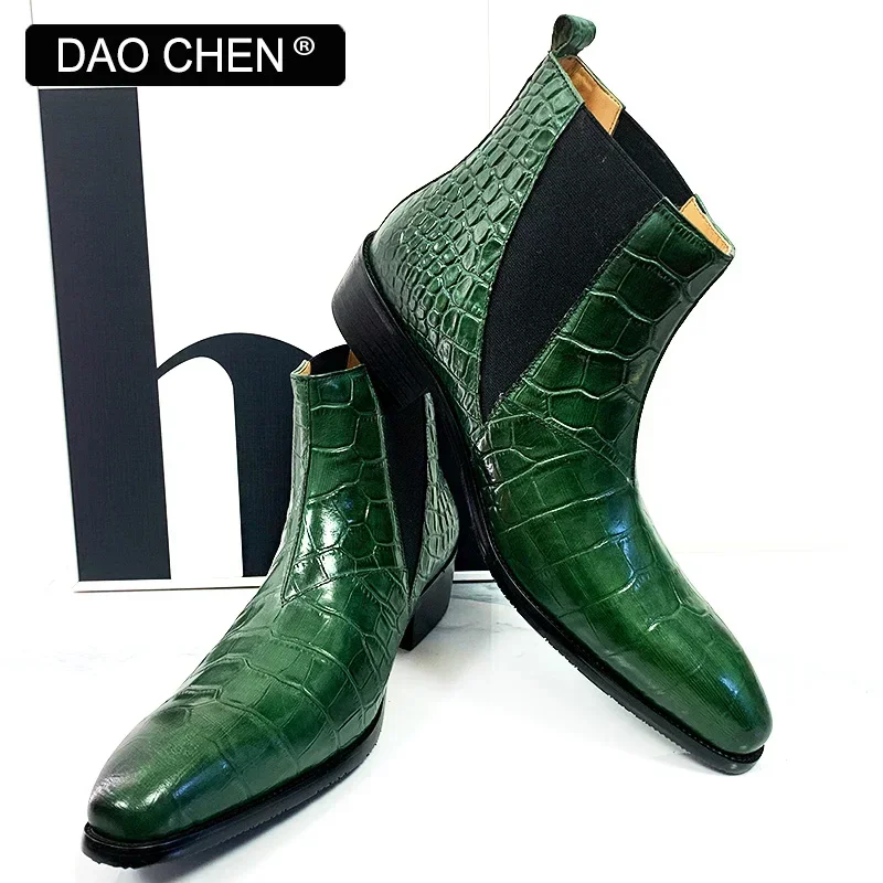 LUXURY BRAND MEN\'S BOOTS GREEN BLACK CROCODILE PRINT ANKLE BOOTS CASUAL DRESS MEN SHOES OFFICE WEDDING LEATHER BOOTS MEN