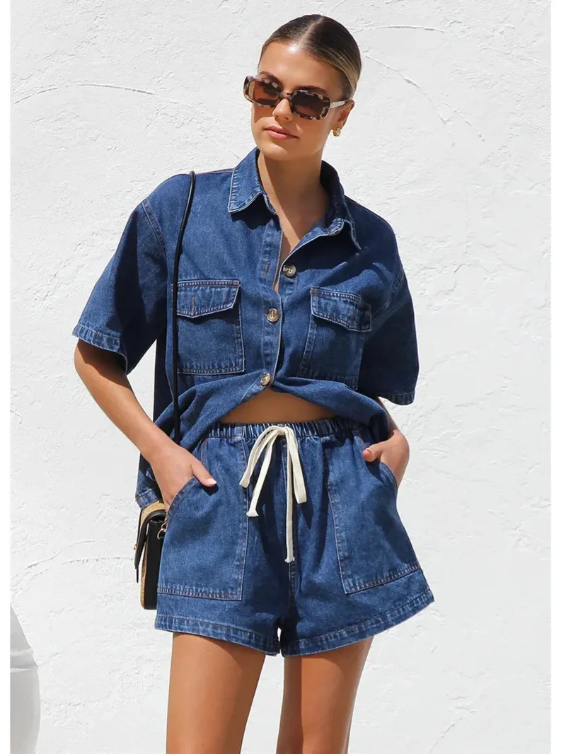 

Vintage High Street Denim Suits Women Short Sleeve Button Loose Comfortable Shirt Female Two Piece Sets High Waist Shorts B7QP