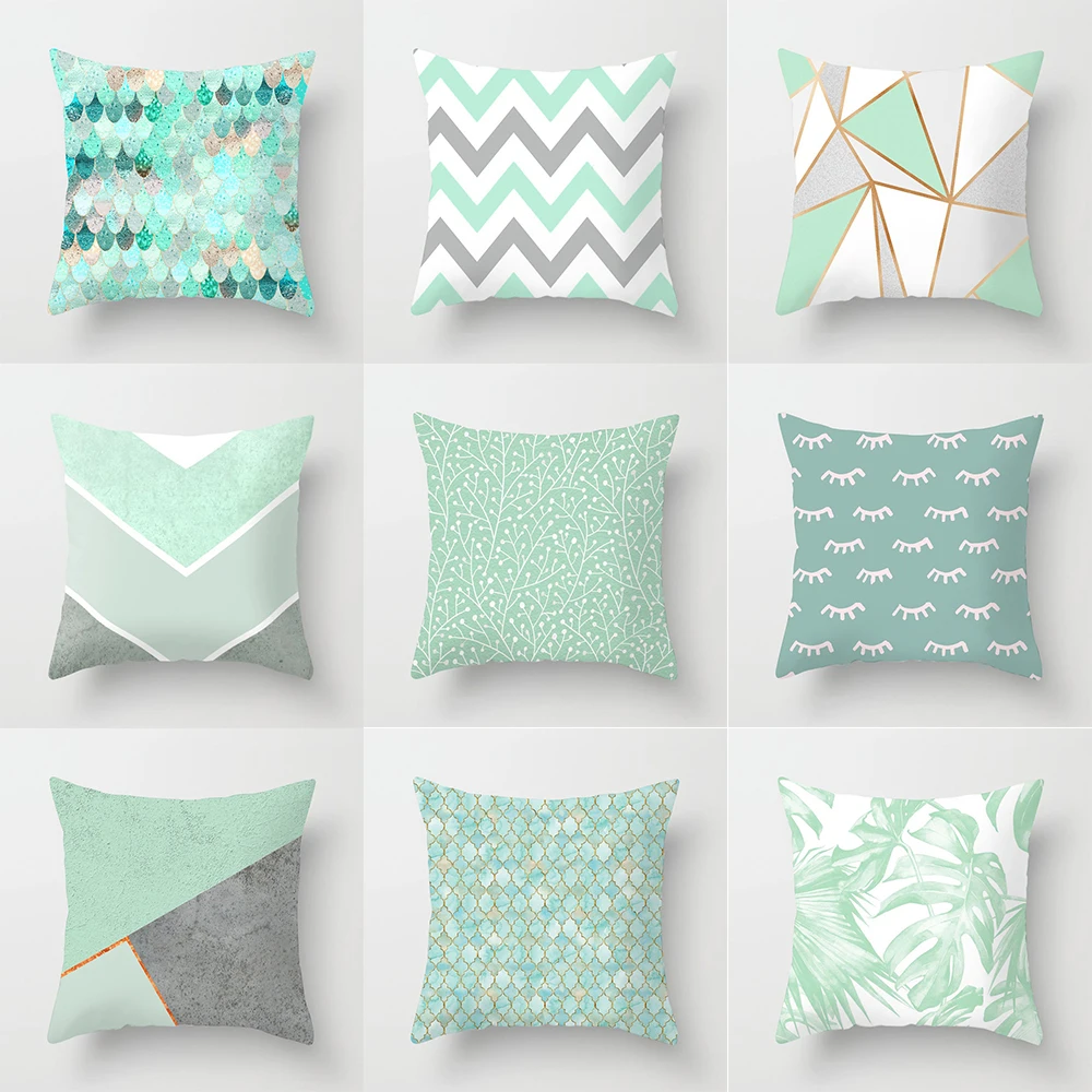 Nordic Mint Green Blue Geometric Stripe Cushion Cover Home Living Room Sofa Decoration Square Pillow   45x45cm