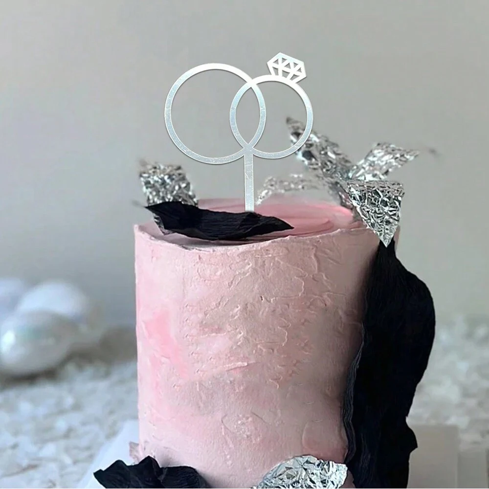 3 Stück/6 Stück Diamantring Hochzeitstorte Dekoration Acryl Topper Backen Partygeschenke Lieferungen Gold Silber Rose Schwarz – Detail 5