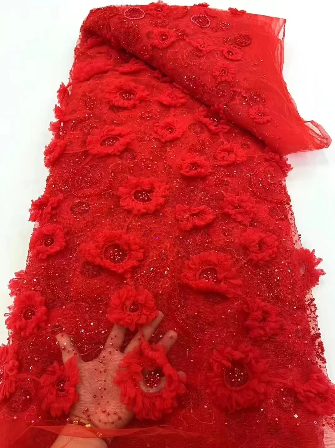 

2025 новейшая африканская 3D цветочная кружевная ткань с вышивкой, французская сетчатая кружевная ткань с блестками, бусинами, нигерийское тюлевое кружево для вечеринки