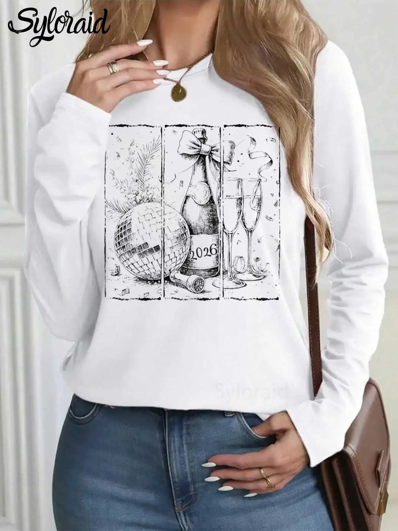 

Women's Long Sleeve T Shirt New Year 2026 Disco Ball Print T Shirt Fashion Round Neck Casual Top