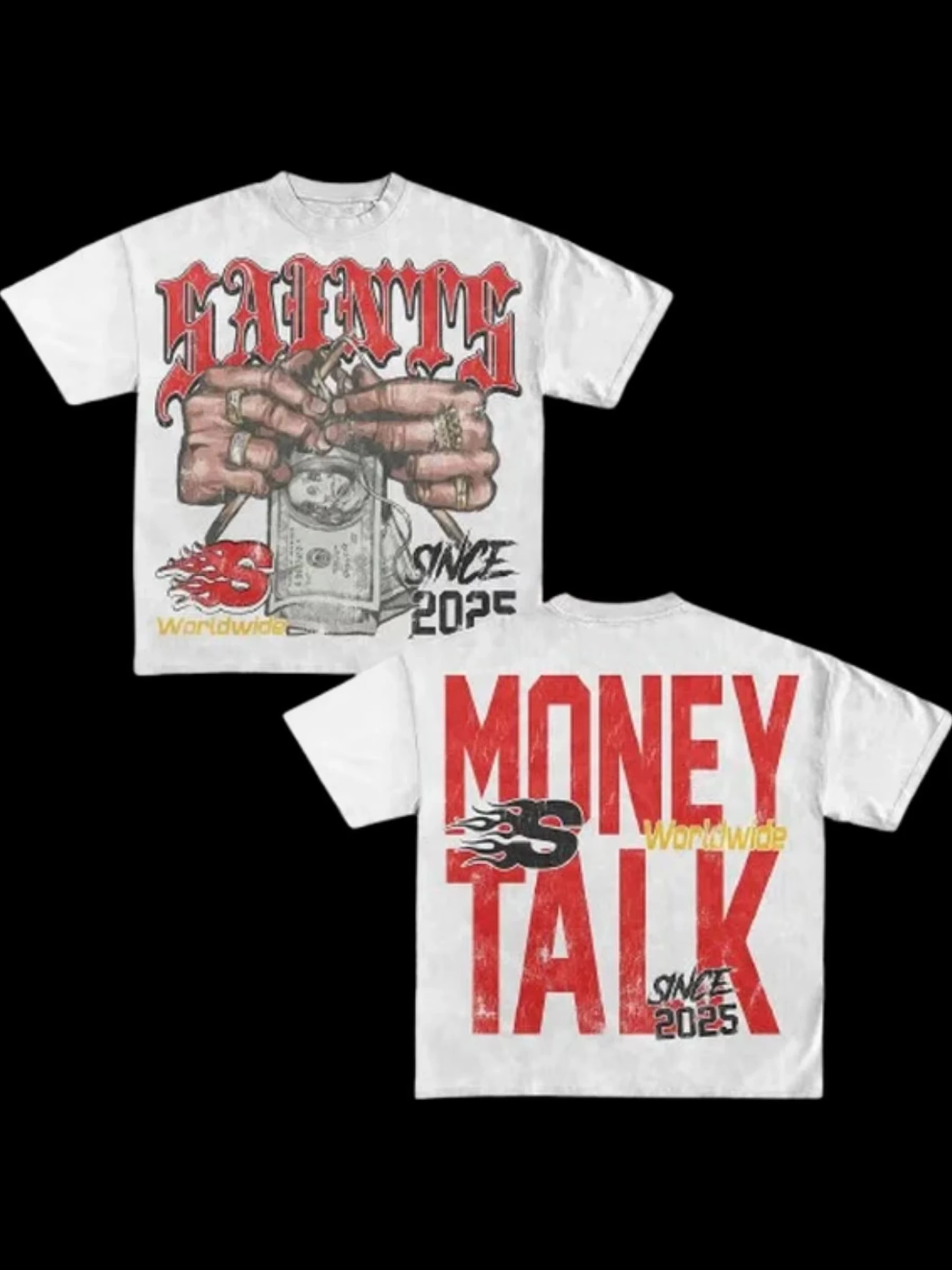 2026 Vintage Gothic Letter Money Hand Graphic Cotton T‑Shirt Men Loose Fit 90s Retro Hip‑Hop Punk Urban Casual Short Sleeve Tees