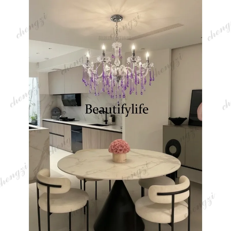 Light luxury purple water drop chandelier French cream wind round table dining living room European villa lamps