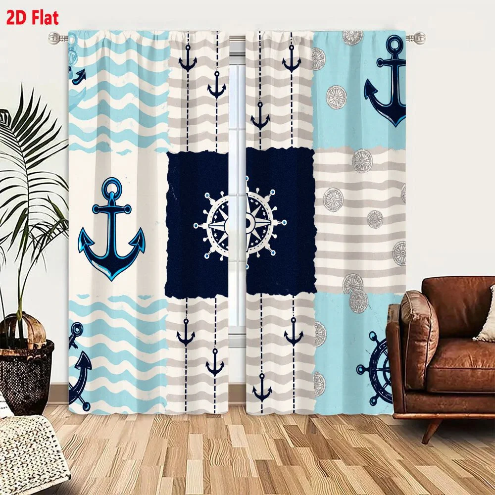 2Pcs Curtains 2D Flat Nautical Pattern With Wavy Water Stripes Anchors Ship Wheels And Compass Rose In Blue White Gray Color Sch