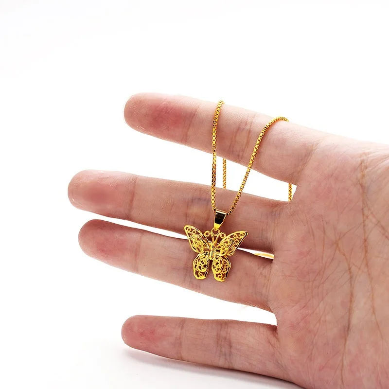 Noble AU999 Chinese style gold necklace filigree ancient butterfly festive small pendant pure gold 24k sweater necklace