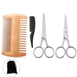 Conjunto de tesouras para aparar barba, 4 peças, tesoura de aliciamento para homens, bigode, pente de barba, kit de tesoura com bolsa de armazenamento