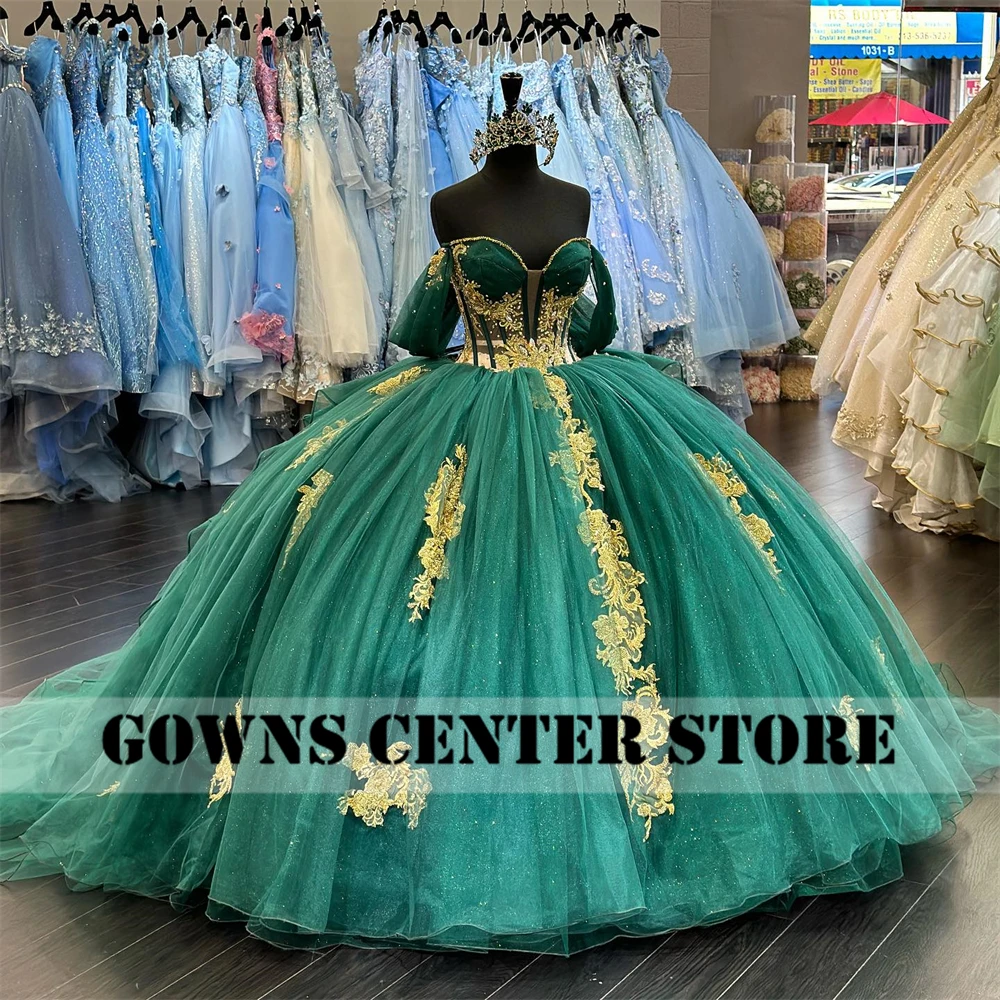 Vestido para quinceañeras verde con Apliques de encaje dorado, vestido de baile con hombros descubiertos, vestido mexicano Charro, vestido de 15 quinceañera 2024