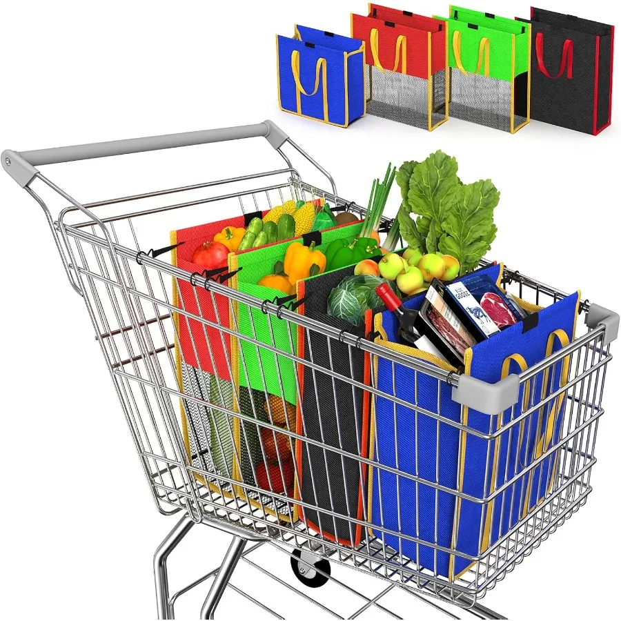 

A set of 4 multipurpose grocery shopping trolley bags reusable foldable washable food refrigeration