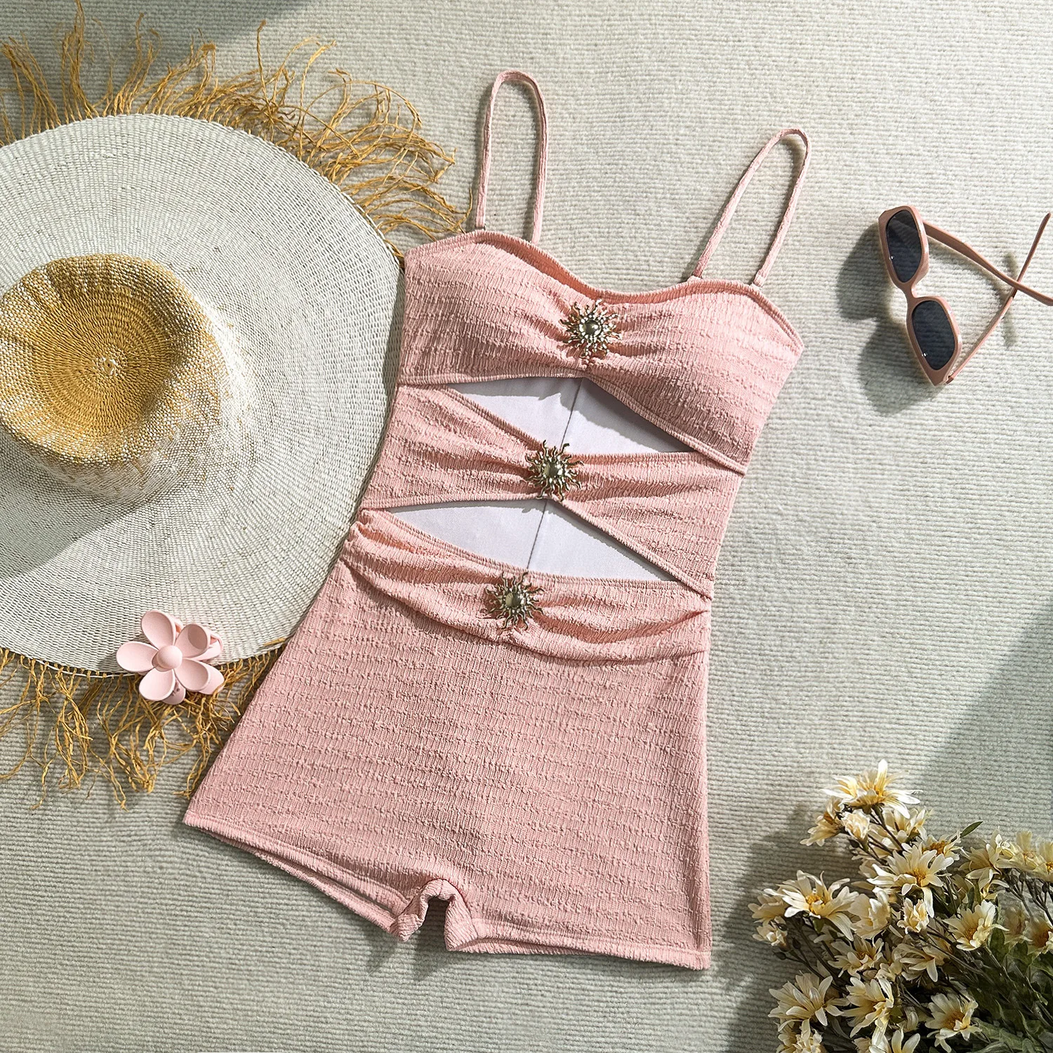 

sexy metal decoration hollow out swimsuits one piece plain bikinis swimwear shorts bodysuits women biquini bathing suits tankini