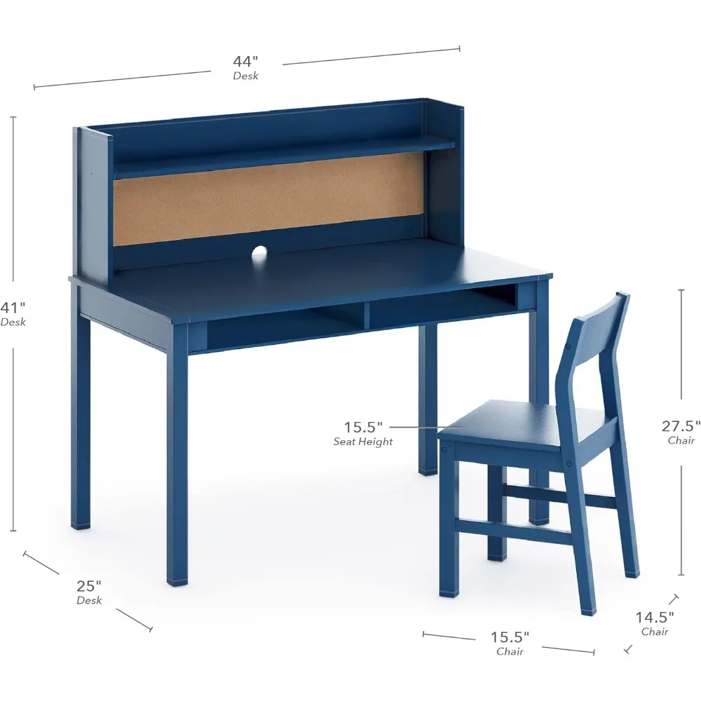 Navy Blue Kids Desk with Storage Hutch and Chair by Guidecraft - Wooden Study Table with Corkboard