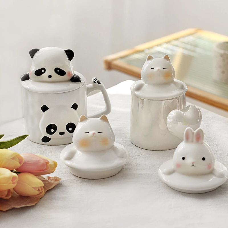 

Cat rabbit ceramic dust-proof mug lid underglaze color jar teapot cute lid accessories