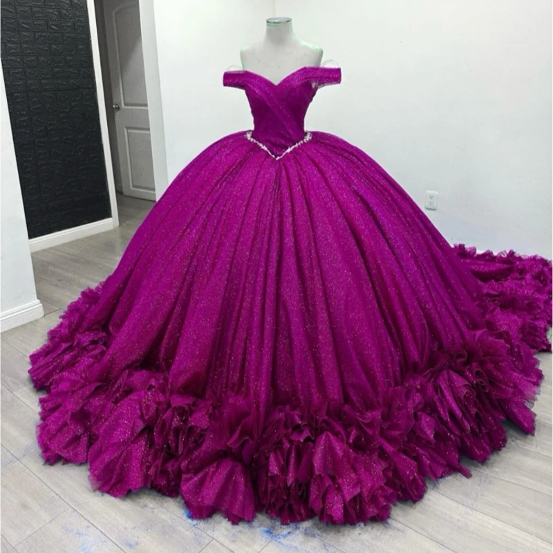 

Purple Shiny Quinceanera Dresses Off The Shoulder Beading Tull Party Birthday Sweet 16 Dress Vestidos 15 De Anos